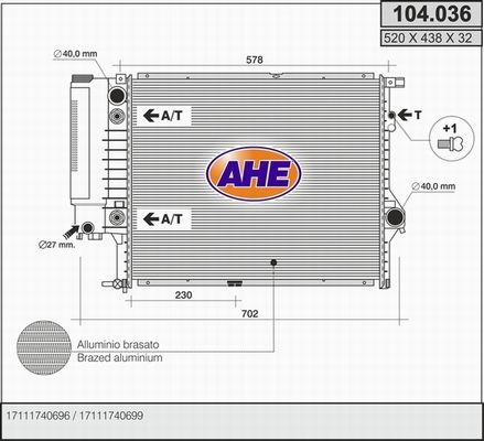 AHE Радиатор, охлаждение двигателя 104.036