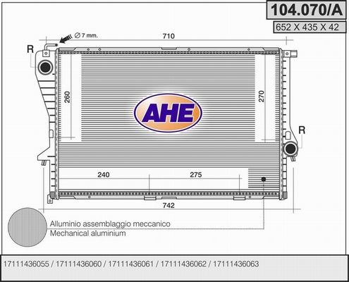 AHE Радиатор, охлаждение двигателя 104.070/A