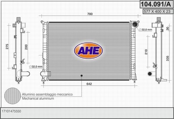 AHE Радиатор, охлаждение двигателя 104.091/A