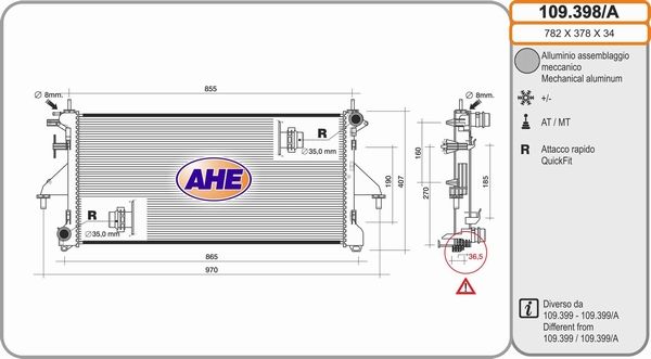 AHE Радиатор, охлаждение двигателя 109.398/A