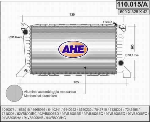 AHE Радиатор, охлаждение двигателя 110.015/A