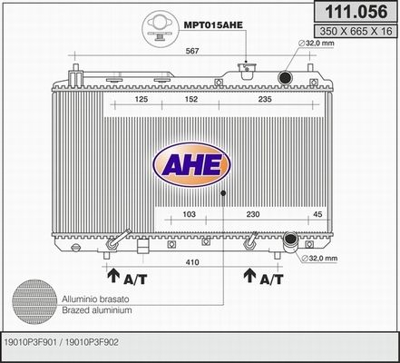 AHE Радиатор, охлаждение двигателя 111.056