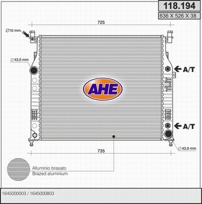 AHE Радиатор, охлаждение двигателя 118.194