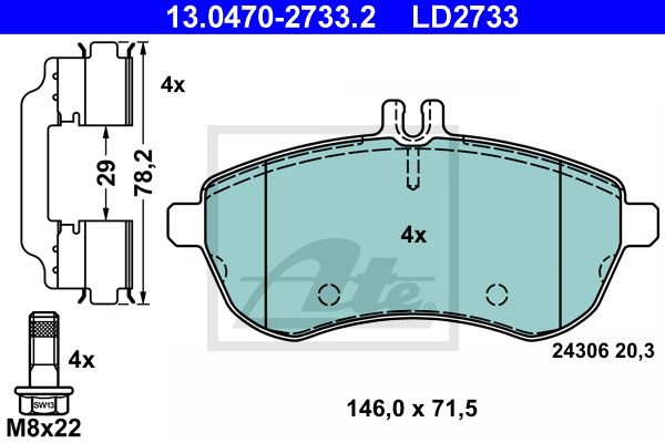 ATE Комплект тормозных колодок, дисковый тормоз 13.0470-2733.2