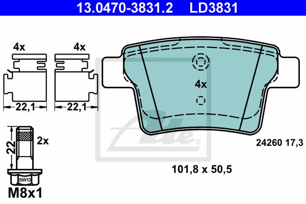 ATE Комплект тормозных колодок, дисковый тормоз 13.0470-3831.2