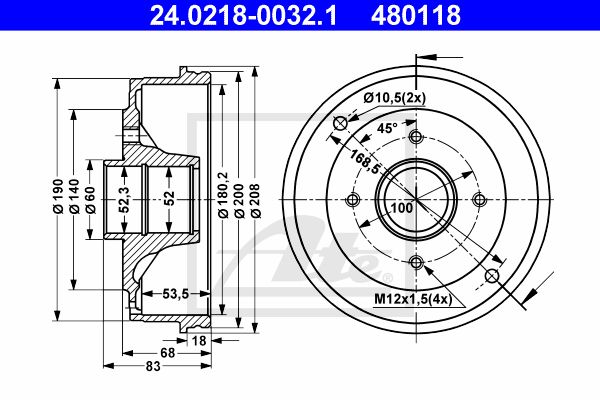 ATE stabdžių būgnas 24.0218-0032.1