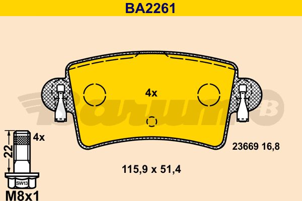 BARUM stabdžių trinkelių rinkinys, diskinis stabdys BA2261