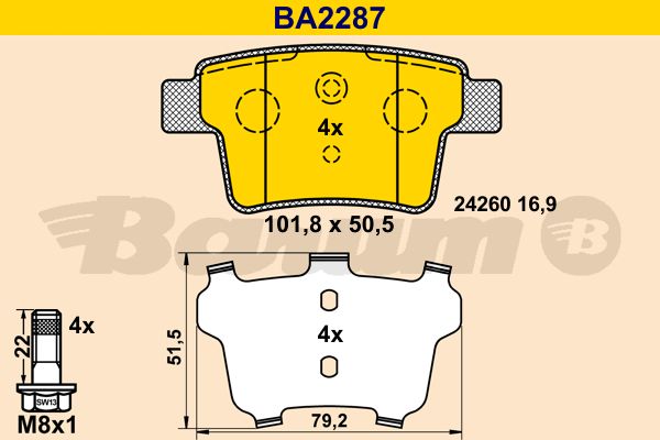 BARUM stabdžių trinkelių rinkinys, diskinis stabdys BA2287