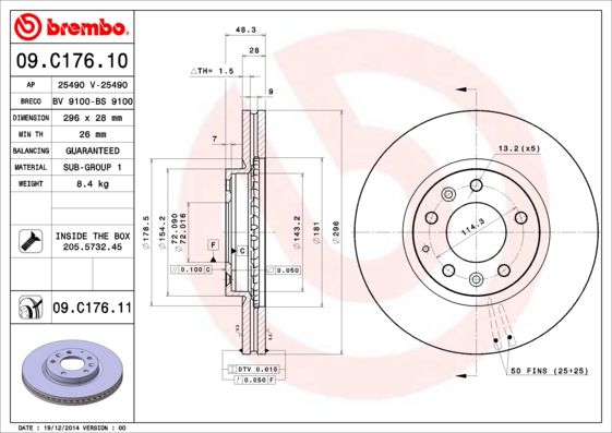 BREMBO Тормозной диск 09.C176.11