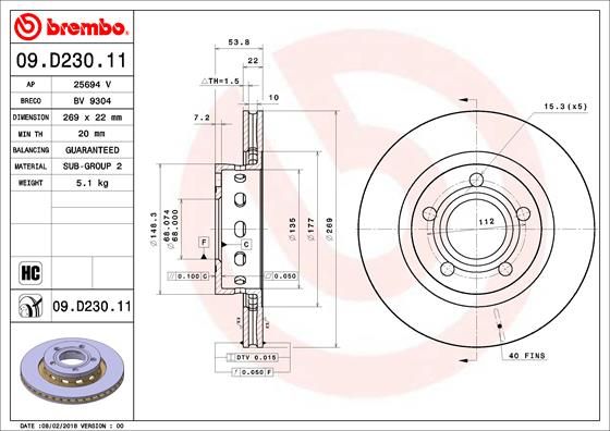 BREMBO Тормозной диск 09.D230.11