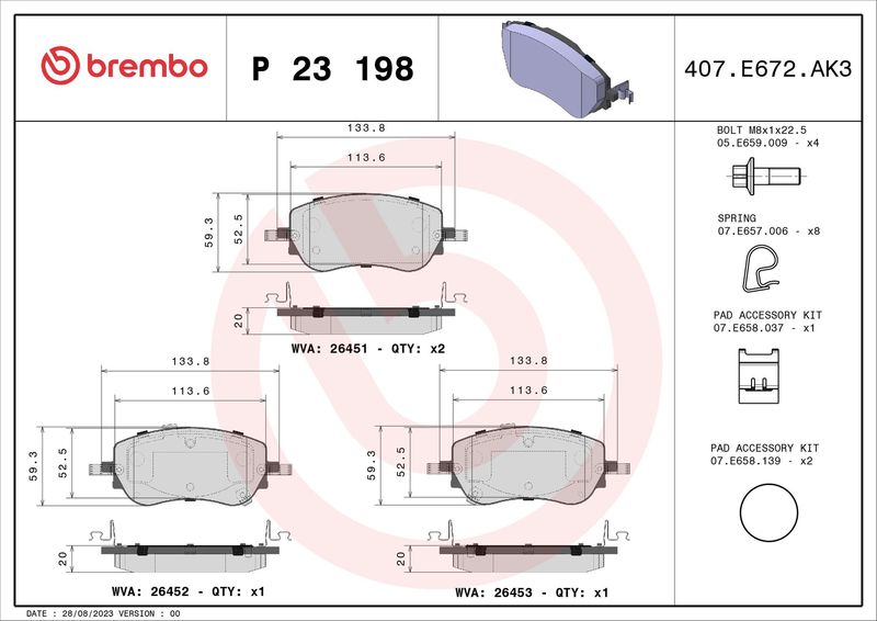 BREMBO Комплект тормозных колодок, дисковый тормоз P 23 198