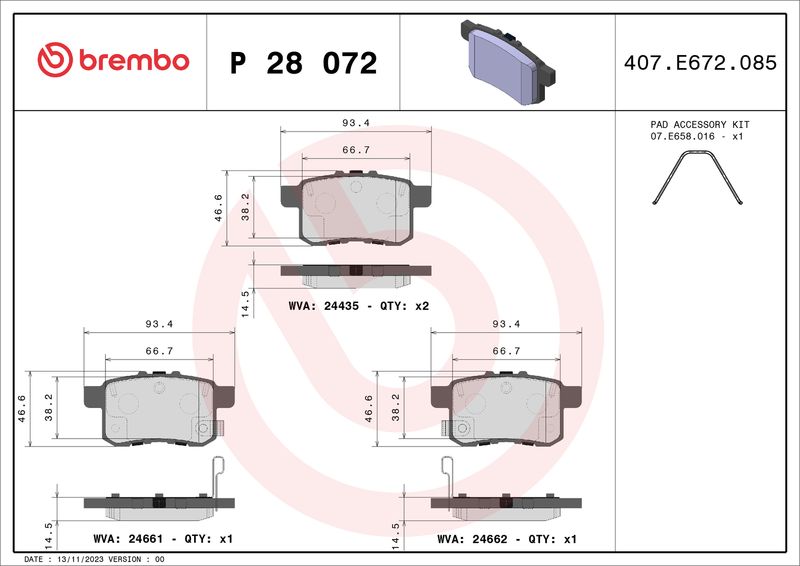 BREMBO stabdžių trinkelių rinkinys, diskinis stabdys P 28 072X