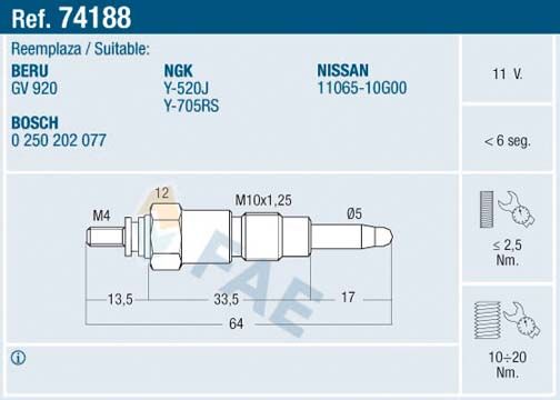 FAE Свеча накаливания 74188