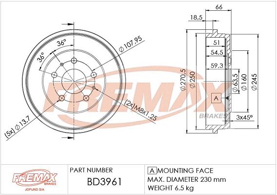 FREMAX stabdžių būgnas BD-3961