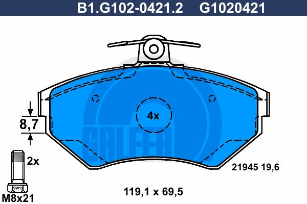 GALFER stabdžių trinkelių rinkinys, diskinis stabdys B1.G102-0421.2