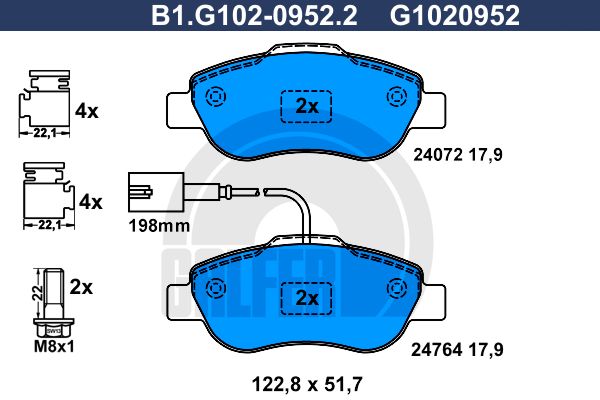 GALFER stabdžių trinkelių rinkinys, diskinis stabdys B1.G102-0952.2