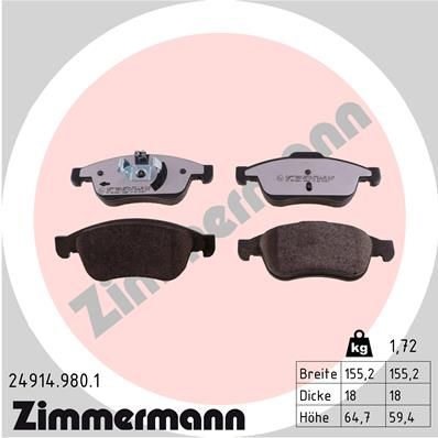 ZIMMERMANN stabdžių trinkelių rinkinys, diskinis stabdys 24914.980.1