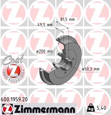 ZIMMERMANN stabdžių būgnas 600.1959.20